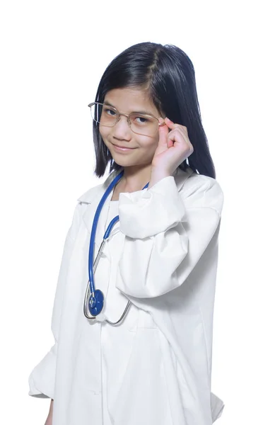 Nine Year Old Girl Playing Doctor White Lab Coat Stethoscope — Stock Photo, Image