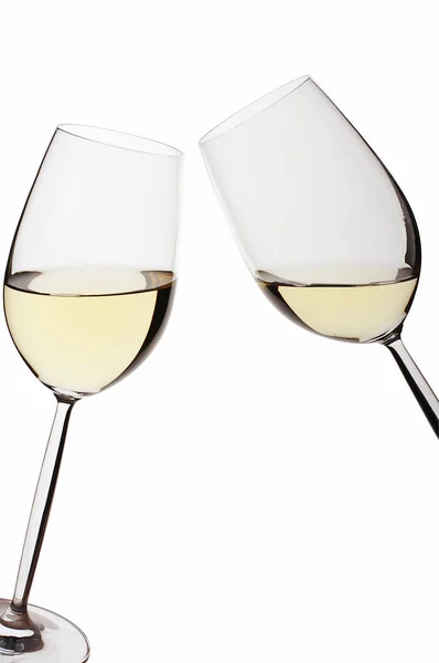 Coppia Bicchieri Vino Bianco Isolati Bacino Bianco — Foto Stock