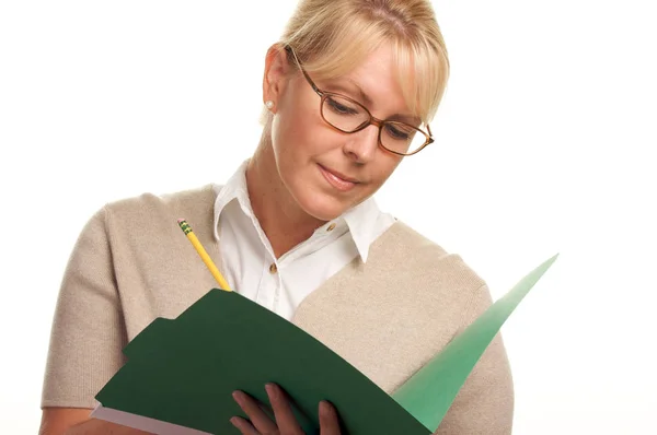 Hermosa Mujer Con Lápiz Carpeta Tomando Notas —  Fotos de Stock