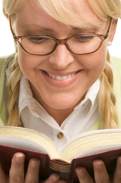 Feminino Com Rabo Cavalo Seu Livro Isolado Fundo Branco — Fotografia de Stock