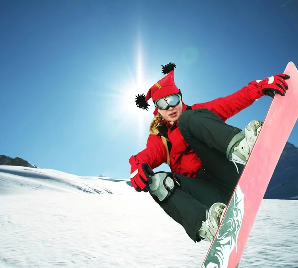 Jeune Femme Gants Rouges Ski Snowboard Sur Les Montagnes Hiver — Photo