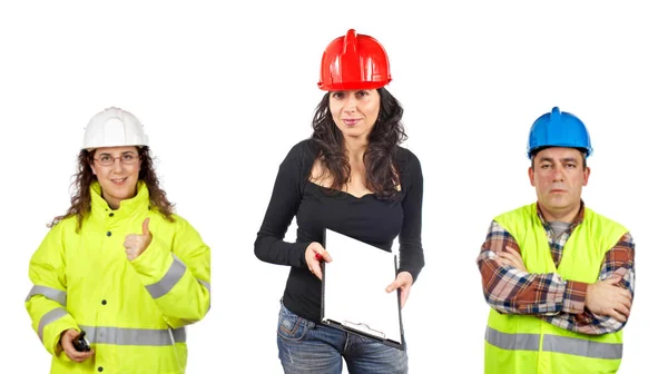 Trabalhadores Construção Jovens Isolados Branco — Fotografia de Stock