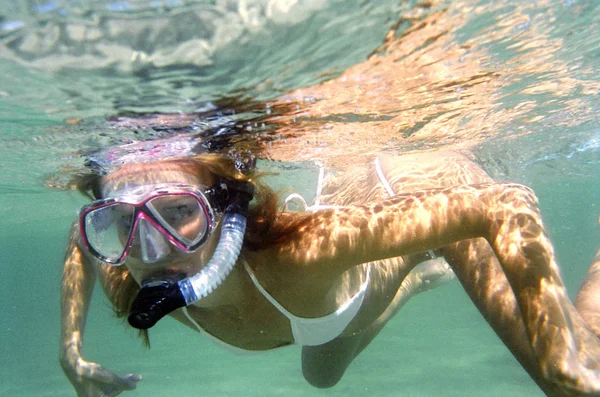 Ett Aktiefotografi Vacker Ung Kvinna Som Snorklar — Stockfoto