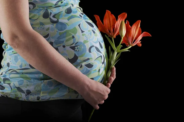 Беременная Женщина Держит Красный Оранжевый Цветок Черном Фоне — стоковое фото