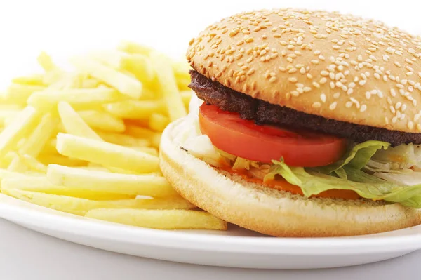 Hambúrguer Com Tomate Alface Com Batatas Fritas — Fotografia de Stock