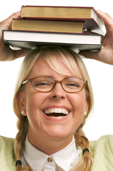 Attraktive Frau Mit Ihren Büchern Auf Weißem Hintergrund — Stockfoto