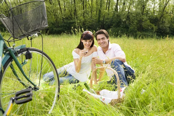Koppel Picknicken Een Park Glimlachen Naar Camera Kijken — Stockfoto