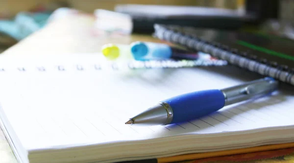 Silver Blue Pen Lying Opened Notebook — Stock Photo, Image