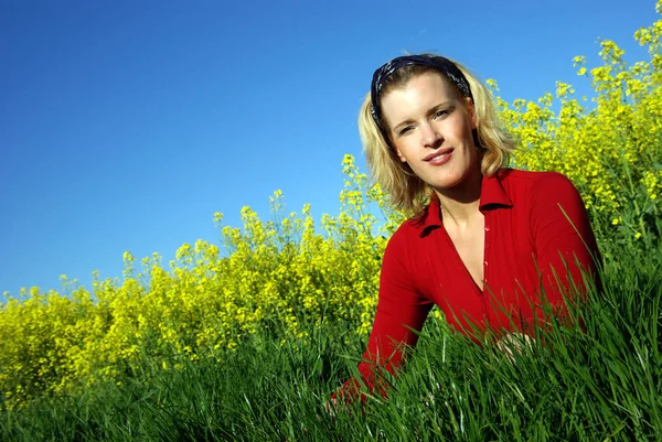 Young Woman Red Dress Green Field Royalty Free Stock Photos