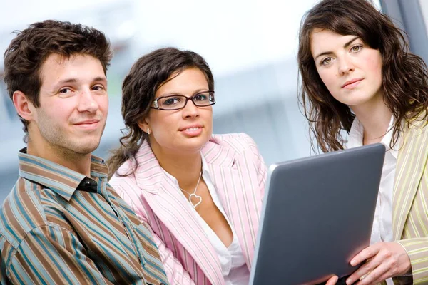 Happy Businessteam Working Together Laptop Computer Office Smiling — Stock Photo, Image