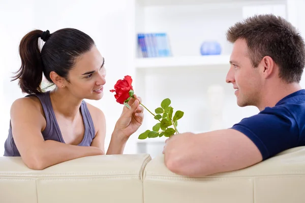 Romantic Man Giving Red Rose Woman Valentine Day — Stock Photo, Image