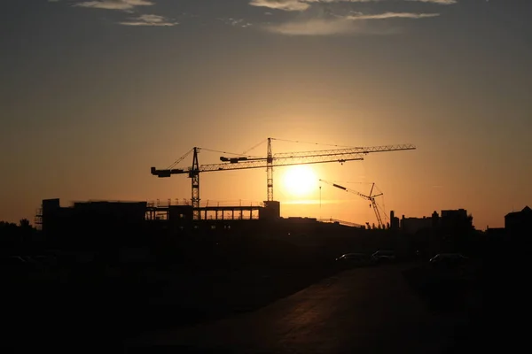 Construction Site Cranes Sunset — Stock Photo, Image