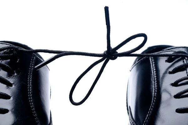 Horizontal Close Par Sapatos Negócios Couro Preto Com Laços Ligados — Fotografia de Stock