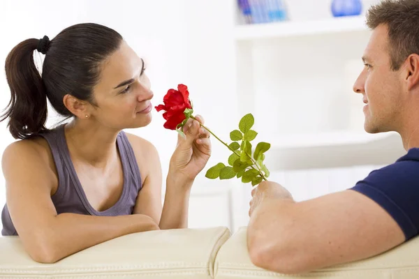 Romantic Man Giving Red Rose Woman Home Smiling Stock Picture