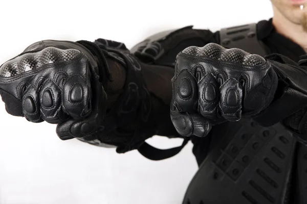 Zwart Beschermingspak Voor Motorrijders Close Van Zwarte Beschermende Handschoenen — Stockfoto