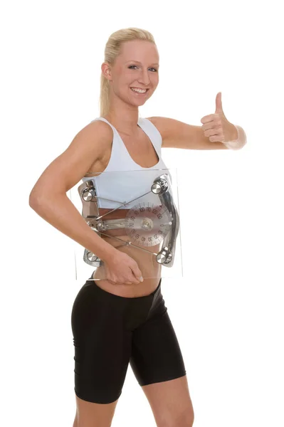 Jonge Vrouw Fitness Kleding Tonen Duimen Omhoog — Stockfoto