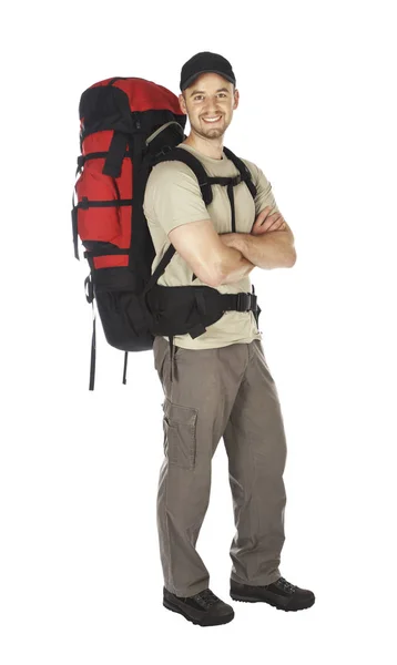 Junger Mann Mit Rucksack Isoliert Auf Weißem Grund — Stockfoto
