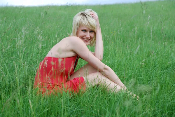 Beautiful Young Woman Field Red Flowers Stock Picture