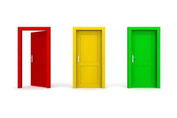 Trzy Kolorowe Drzwi Otwarte Czerwone — Zdjęcie stockowe
