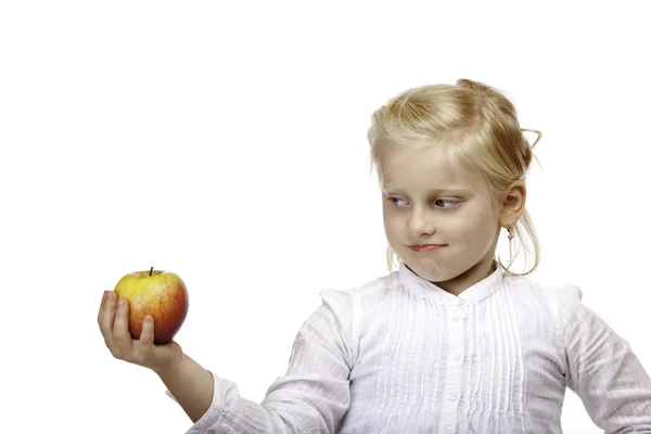 Child Looking Contemplative Healthy Red Apple — Stock Photo, Image