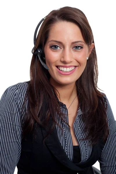 Jeune Femme Affaires Branchée Sur Casque Écoute — Photo