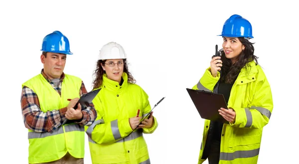 Trabalhadores Construção Falando Com Walkie Talkie — Fotografia de Stock