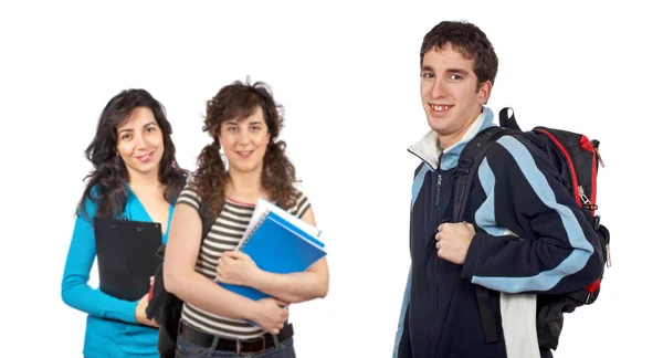 Tres Estudiantes Con Libros Mochilas —  Fotos de Stock