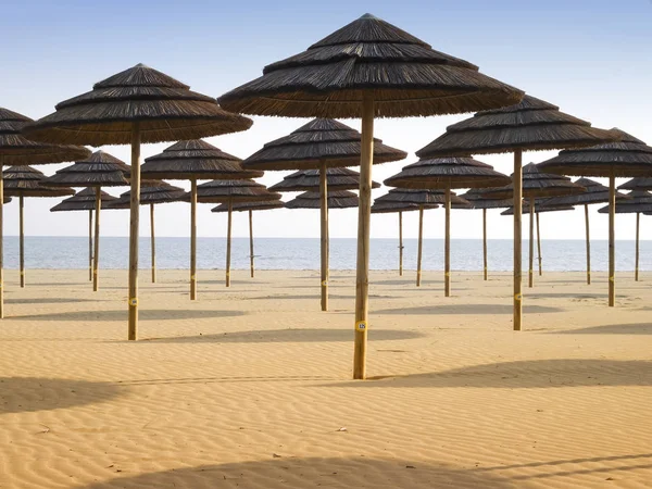 Beach Chairs Umbrellas Sandy Coast Atlantic Ocean Background — Stock Photo, Image