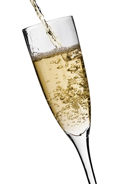 Bicchiere Champagne Con Bolle Isolate Bianco — Foto Stock