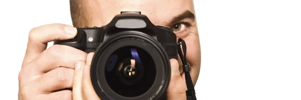 Man Met Een Camera Geïsoleerd Wit — Stockfoto