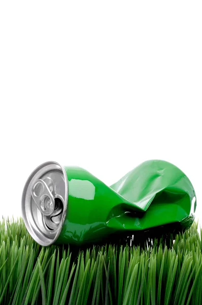 Vertical Close Green Crushed Aluminum Drink Can Grass — Stock Photo, Image