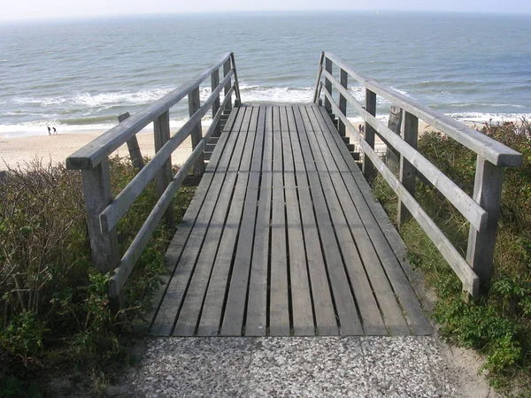 Puente Madera Transición Playa Del Mar Del Norte — Foto de Stock