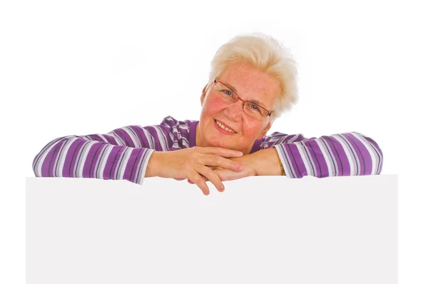 Senior Kvinde Med Tomt Tegn Isoleret Hvid Baggrund - Stock-foto