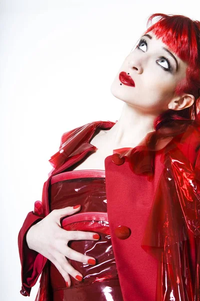 Vicces Szexi Expresszív Vörös Hajú Lány Visel Palsztikus Kabát Ruha — Stock Fotó
