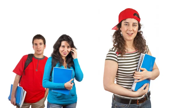 Três Estudantes Com Livros Mochilas — Fotografia de Stock