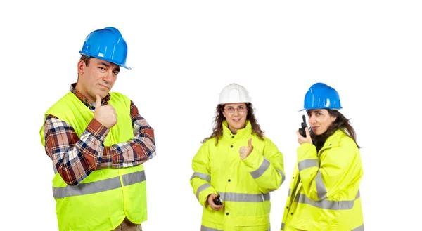 Grupp Byggnadsarbetare Med Hjälmar Isolerade Vit — Stockfoto