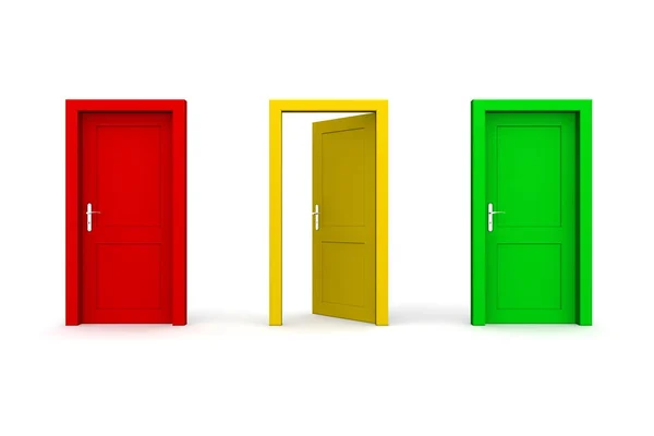 Trzy Kolorowe Drzwi Żółte Otwarte — Zdjęcie stockowe