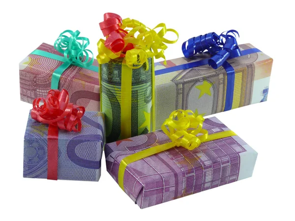 Five Gifts Wrapped Money — Stock Photo, Image
