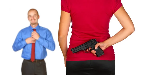 Junger Mann Und Frau Mit Pistole Auf Weißem Hintergrund — Stockfoto