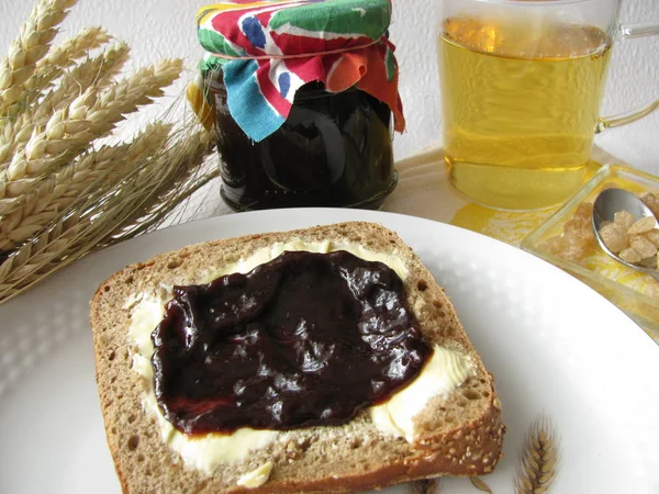 Vista Pane Tostato Con Burro Marmellata — Foto Stock