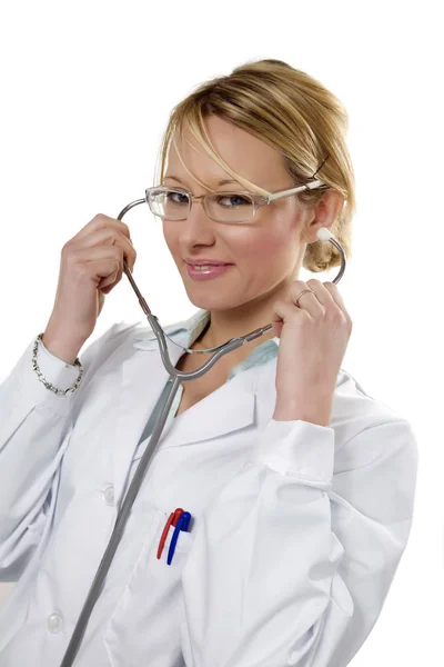 Gezondheidszorg Geneeskunde Jonge Arts Die Een Stethoscoop Gebruikt — Stockfoto