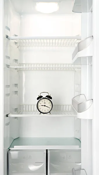Alarm Clock Empty Refrigerator — Stock Photo, Image