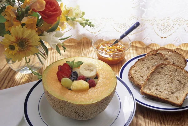 Healthy Breakfast Melon Toast Morning Sunlight — Stock Photo, Image