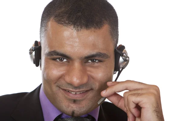 Porträtt Ung Manlig Call Center Agent Med Headset — Stockfoto