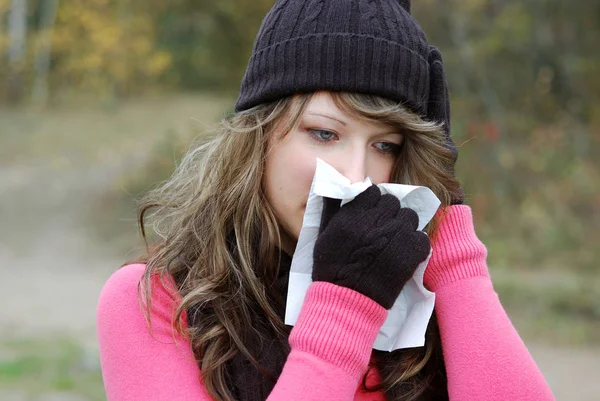 Young Woman Blowing Nose Her Mouth — Stock Photo, Image
