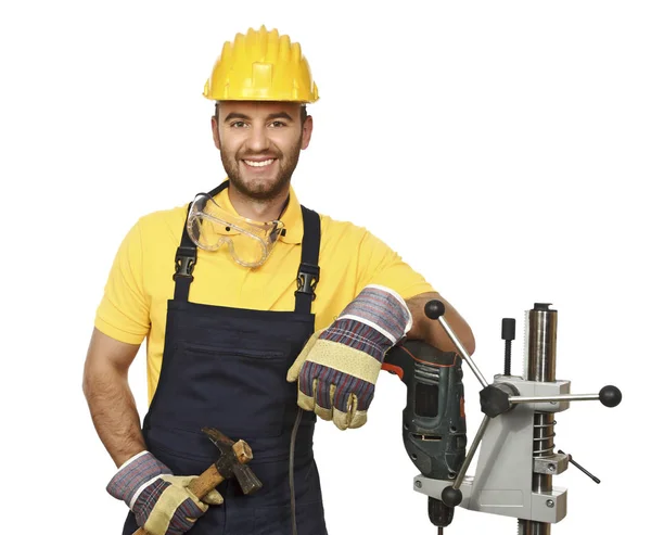 Portret Van Een Lachende Timmerman Met Een Boor Geïsoleerd Witte — Stockfoto