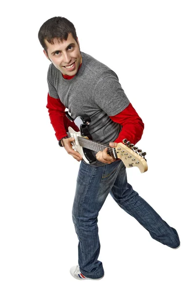 Молодий Чоловік Гітарою Ізольований Білому — стокове фото