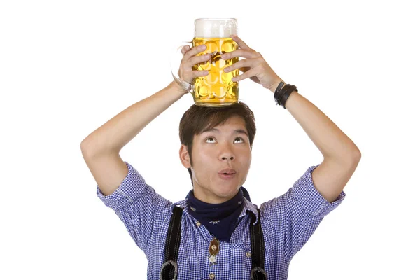 Asiático Ter Oktoberfest Cerveja Stein Sua Mão Diz — Fotografia de Stock