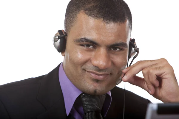 Call Center Operatör Med Headset Uttrycka Lycka — Stockfoto