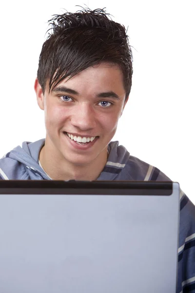 Jonge Knappe Student Werkt Computer Laptop — Stockfoto